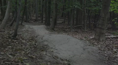 Downhill mountain biker, jumping over a kicker in a shady forest. 스톡 동영상 53870082