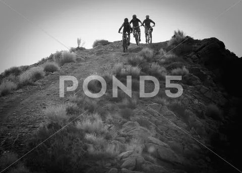 Downhill mountain bikers Stock Photos
