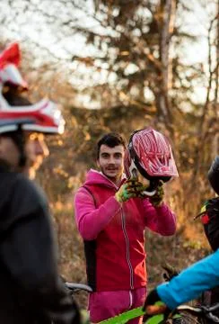 Downhill mountain bikers Stock Photos