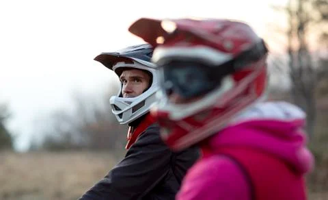 Downhill mountain bikers Stock Photos