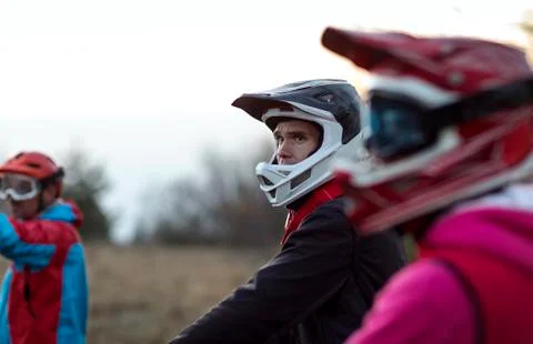 Downhill mountain bikers Stock Photos