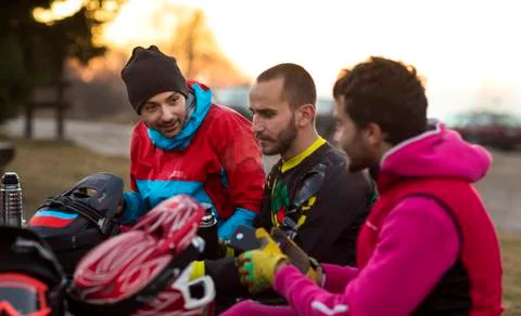 Downhill mountain bikers Stock Photos