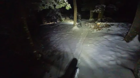 Downhill ride on a slippery mtb path in the forest on the night of winter with Stock Footage 251649011