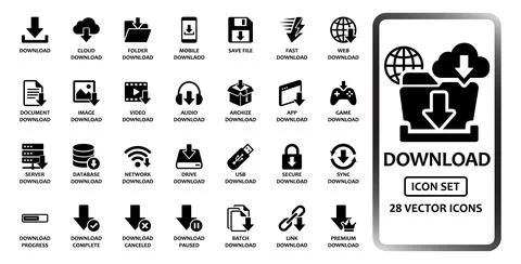 Download and file transfer solid icon set containing 28 vector icons. Featu.. イラスト素材