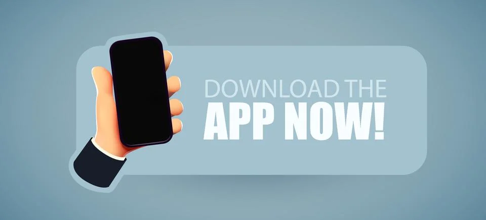 Download app now. Application installation banner. Hand with smartphone. Stock Illustration