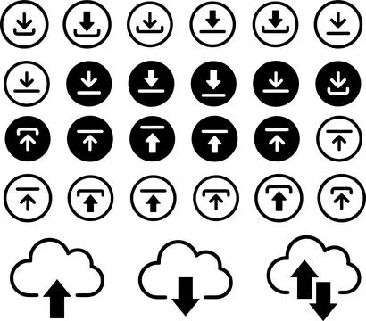 Download button flat vector icons set. install symbol. Upload button collec.. Illustrazione stock