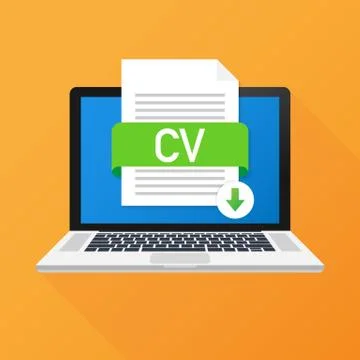 Download CV button on laptop screen. Downloading document concept. File with  Stock Illustration