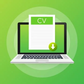 Download CV button on laptop screen. Downloading document concept. File with  Stock Illustration