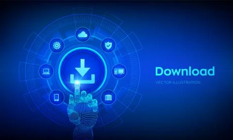 Download Data Storage. Cloud download. Install symbol. Robotic hand touching  스톡 일러스트