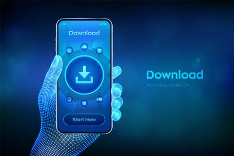 Download Data Storage. Cloud download. Install symbol. Robotic hand touching  Illustrazione stock