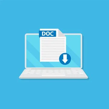 Download DOC icon file with label on laptop screen. Downloading document conc Stock Illustration
