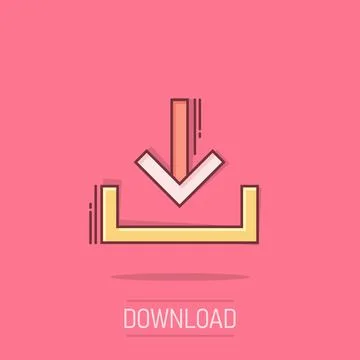 Download file icon in comic style. Arrow down downloading vector cartoon il.. Stock Illustration
