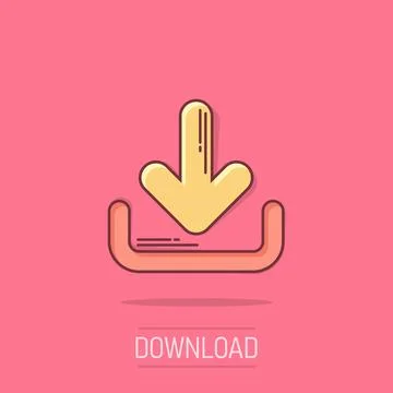 Download file icon in comic style. Arrow down downloading vector cartoon il.. Stock Illustration