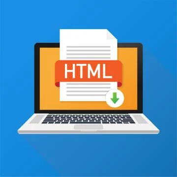 Download HTML button on laptop screen. Downloading document concept. File wit 스톡 일러스트