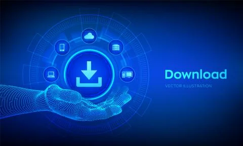 Download icon in robotic hand. Cloud download data storage. Install symbol. B Illustrazione stock