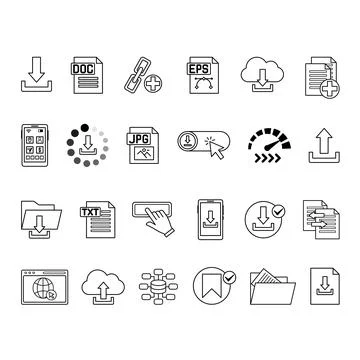 Download Icon Set. Vector Illustrations: Download File, Document, Link, But.. 스톡 일러스트