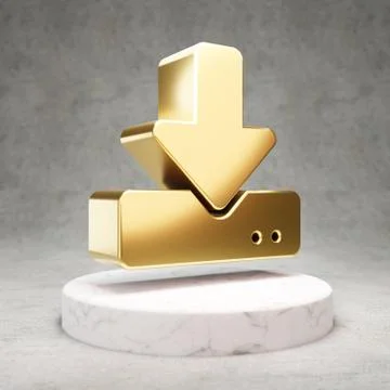 Download icon. Shiny golden Download symbol on white marble podium. Stock Illustration