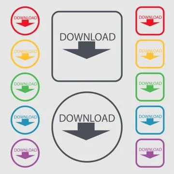 Download icon. Upload button. Load symbol. Set of colored buttons. Vector Stock Illustration