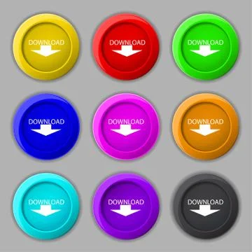 Download icon. Upload button. Load symbol. Set of colored buttons. Vector Stock Illustration