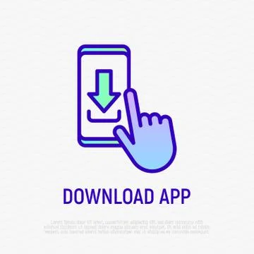 Download mobile app thin line icon. Push button with arrow on smartphone Stock Illustration