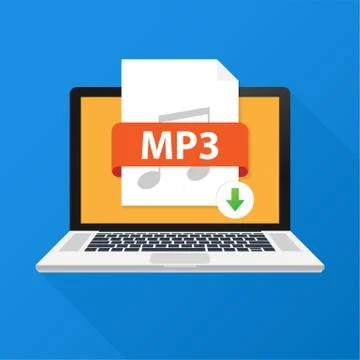 Download MP3 button on laptop screen. Downloading document concept. File with Illustrazione stock