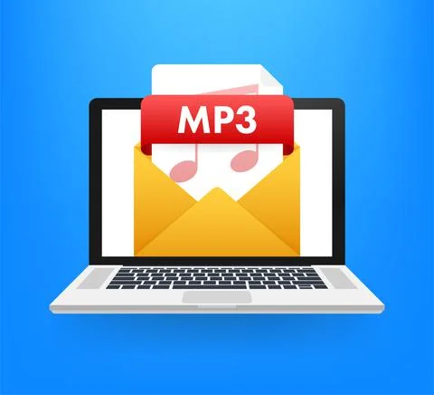 Download MP3 button on laptop screen. Downloading document concept. File with Illustrazione stock
