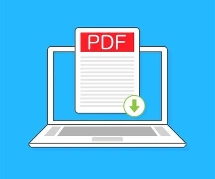Download PDF button on laptop screen. Downloading document concept. File with Stock Illustration