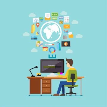 Download processing data on computer with internet.  Person accessing interne 스톡 일러스트