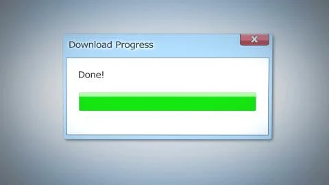 Download progress done, dialog box with green status bar, outdated software Foto stock