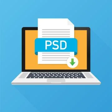 Download PSD button on laptop screen. Downloading document concept. File with 스톡 일러스트