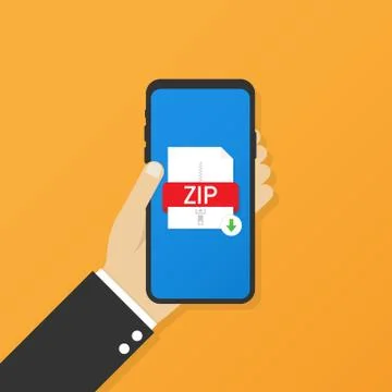 Download ZIP button on smartphone screen. Downloading document concept. File  Illustrazione stock