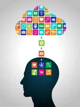 Downloading applications from the cloud to the head. Apps are installed in brain Stock Illustration