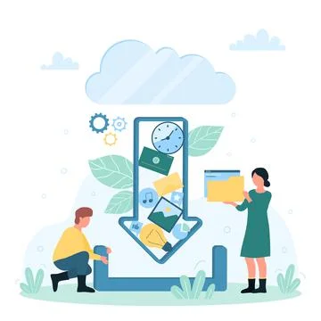 Downloading data and information from cloud, tiny people upload digital Stock Illustration