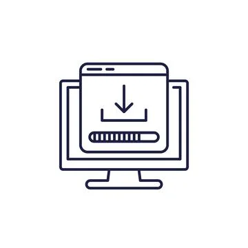 Downloading files line icon with a computer and progress bar Stock Illustration