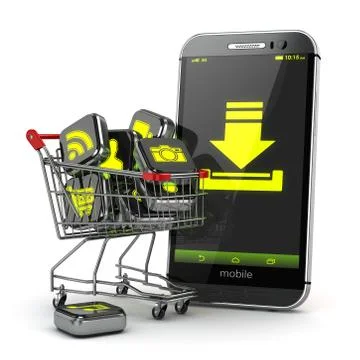Downloading mobile apps concept. Application software icons in shopping cart Stock-Illustration