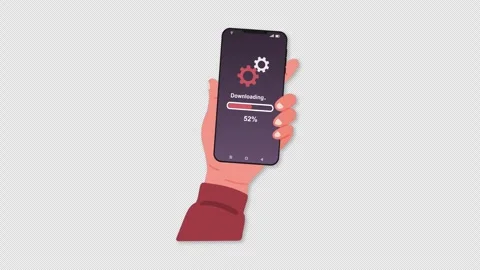 Downloading process bar on mobile phone screen. A hand holding a phone whil.. Stock Footage 341644338