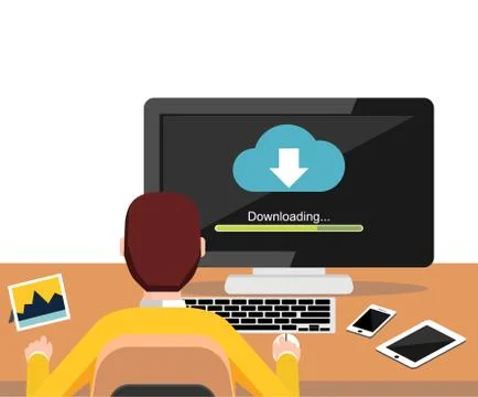 Downloading process on desktop screen concept. Person working on computer. Mo Illustrazione stock