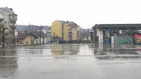 Downpour and playground,rain drops falling on court for street basket,rainy day. Stock Footage 61107555