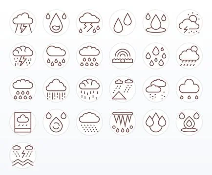 Downpour Design Vector Icons featuring 25 PIXEL Perfect Regular Line Style Stock Illustration