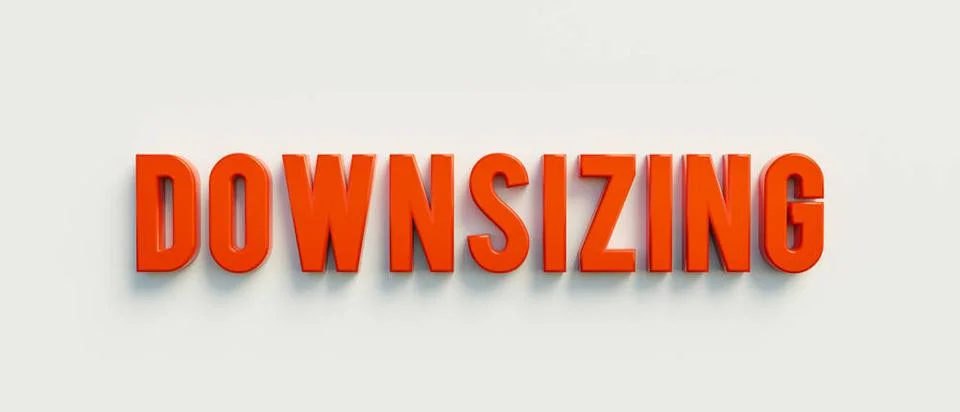 Downsizing Downsizing. Red capital letters. Shrinking, small, reduction, m... 库存照片
