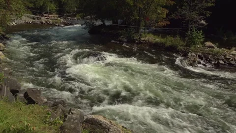Downstream of rocky rapids on a flowing river bend surrounded by trees Stock Footage 325755406