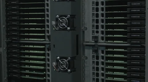 Downtilt over slots with cards in a server rack Video stock 57747301