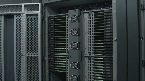 Downtilt over slots with cards in a server rack Video stock 57747374