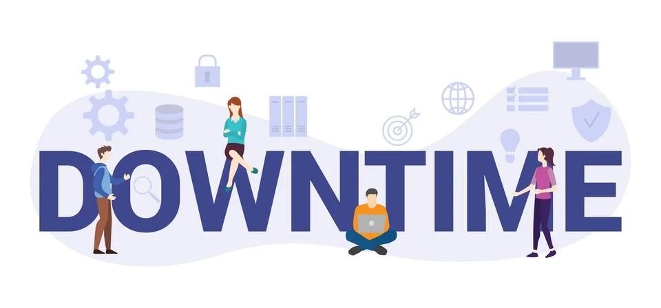 Downtime server technology concept with big word or text and team people with Stock Illustration