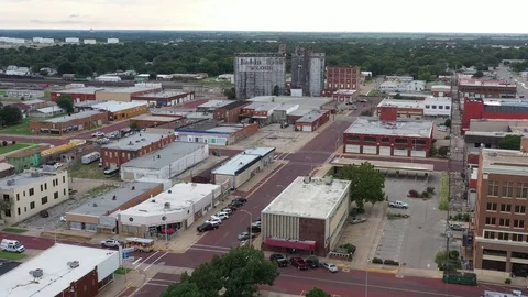 Downtown abandoned grain storage facility, Ponca City, Oklahoma, USA Stock Footage 129279646