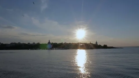 Downtown and the river at sunset time Stock Footage 78019149