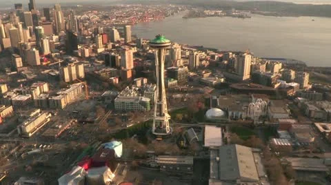 Downtown and Space Needle at sunset Stock Footage 22332153
