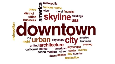 Downtown animated word cloud, text design animation. Stock Footage