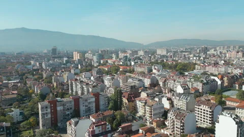 Downtown Apartment Blocks In Central Sofia Bulgaria Drone Tracking Left 4K Stock Footage 292264493