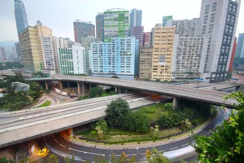 Downtown area and overpass in hong kong Stock Photos